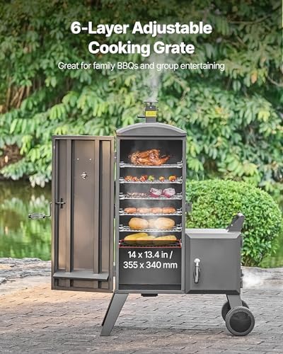 VEVOR Charcoal Offset Smoker, Heavy-Duty Steel BBQ Offset Smoker with Side Firebox, Movable Outdoor Barbecue Smokers with 6 Adjustable Grates