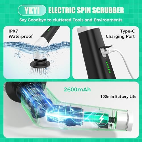YKYI Electric Spin Scrubber, Cordless Power Cleaning Brush with Long Handle | 8 Brush Heads, 3 Handle Lengths, 2 Speeds, IPX7 Waterproof