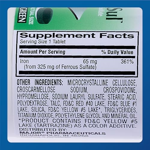 Major Ferosul - Ferrous Sulfate 325mg Tablets with 65mg of Elemental Iron - Iron Supplement for Women, Men - Green - 100 Count (3 Pack)