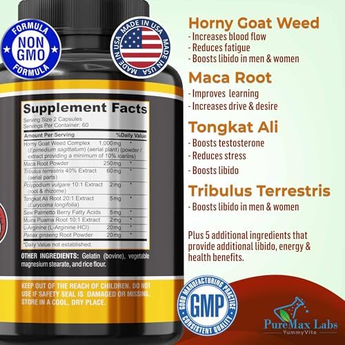 YUMMYVITE Horny Goat Weed Extra Strength Blend, w. Maca, Arginine, Ginseng, Tribulus, Tongkat, Libido, Stamina, Energy Support, Non-GMO Formula