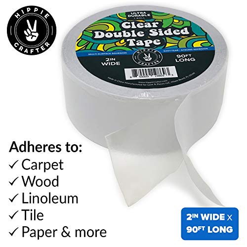 HIPPIE CRAFTER Clear Double Sided Tape, 2 Inch Wide Heavy-Duty Adhesive, Removable Mounting Tape for Posters, Carpets, Wall-Safe Use, Crafts