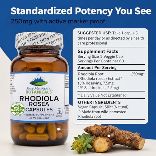 Pure Mountain Botanicals Rhodiola Rosea Supplement - 60 Capsules 250mg - Root Extract Standardized 3% Rosavins 1% Salidroside - Vegan Kosher Gluten