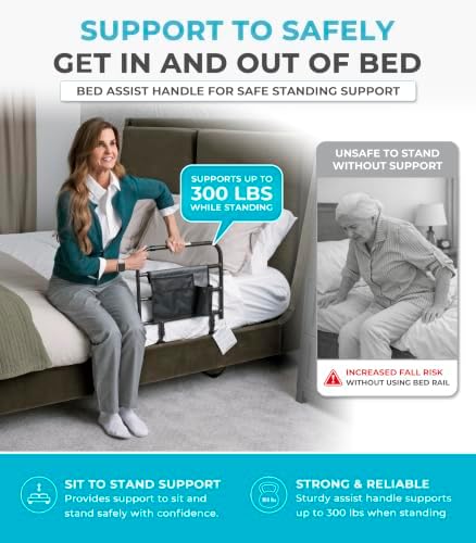 Stander EZ Adjust Bed Rail, Adjustable Senior Bedrail and Safety Assist Railing for Elderly Adults with Organizer Pouch