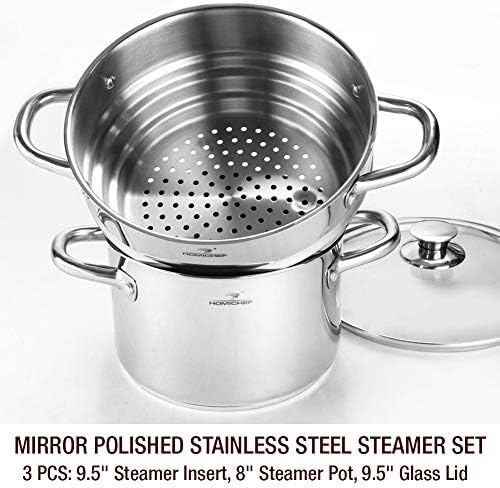 HOMICHEF 3 PCS Whole Food Steamer Set - Nickel Free Stainless Steel Veggie Steam Pot (9.5" Large Vegetable Steamer Insert With Lid, 8" Steam Pot)