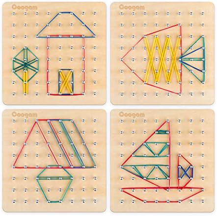 Coogam Wooden Geoboard Mathematical Manipulative Material Array Block Geo Board – Graphical Educational Toys with 30Pcs Pattern Cards and Latex