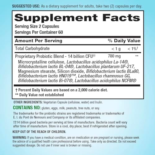 PB8 Probiotic | 14 Billion CFU | 120 Vegetarian Capsules | 8 Strains | for Women and Men | Gluten, Milk, and Soy Free Supplement