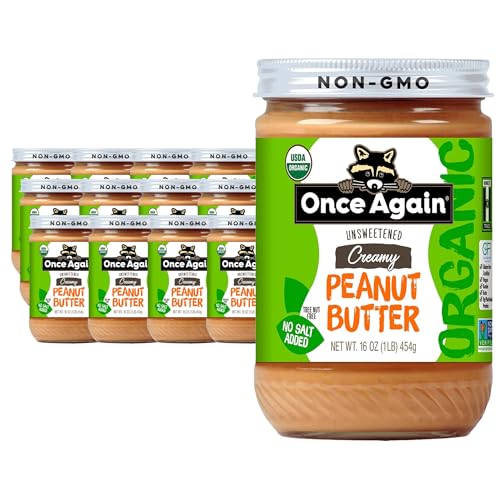 Once Again Organic Creamy Peanut Butter No Sugar Added - Single Ingredient, Unsalted, Natural Peanut Butter No Palm Oil - Glass Jar, Non-GMO, Gluten Free - Smooth and Unsweetened - 1 Jar (16 oz) | Unsalted, Natural Peanut Butter No Palm Oil, Glass Jar, N…
