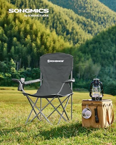 SONGMICS Folding Camping Chair, 450 lb Capacity | Folding lawn chair with cup holder and heavy-duty design, Ink Black, UGCB066B01