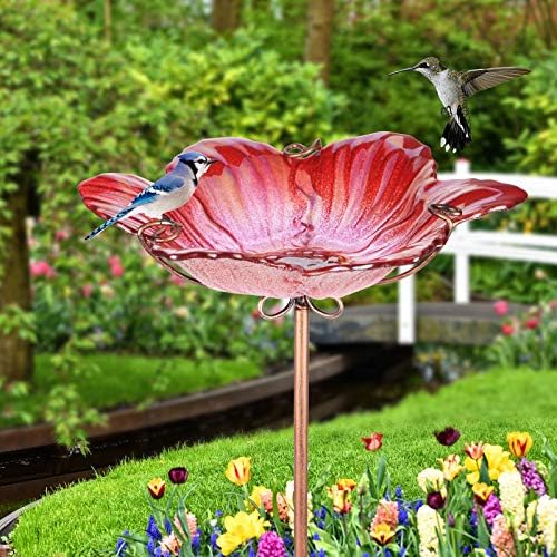 26" Glass Bird Bath, Outdoor Birdbath Bird Feeder Green Flower Metal Stake