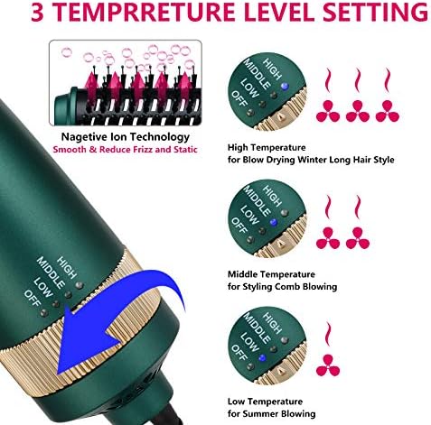 3 in 1 Hair Dryer and Volumizer, Ceramic Negative Ion Curling Dryer Styler with 3 Interchangeable Brush Heads, Green