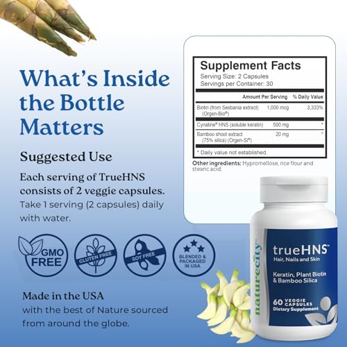 NatureCity True-HNS Hair Nails and Skin Cynatine Keratin and Plant Based Biotin Vitamin Supplement | Fuller and Stronger Hair and Nails | Non GMO | 60 Veggie Capsules