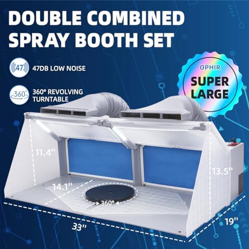 OPHIR 2 Sets of Portable Airbrush Spray Booth with Dual Fans, 6 LED Lights | Foldable Airbrush Paint Booth with 2x Exhaust Hoses, 2x 360° Turntables