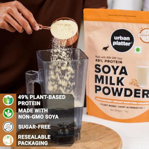 Urban Platter Soya Milk Powder | 35.27 Oz (1kg) | 49% Plant Protein | Unflavored Soy Milk for Coffee, Tea, Smoothies, Baking & Cooking | Non-GMO, Dairy-Free, Vegan