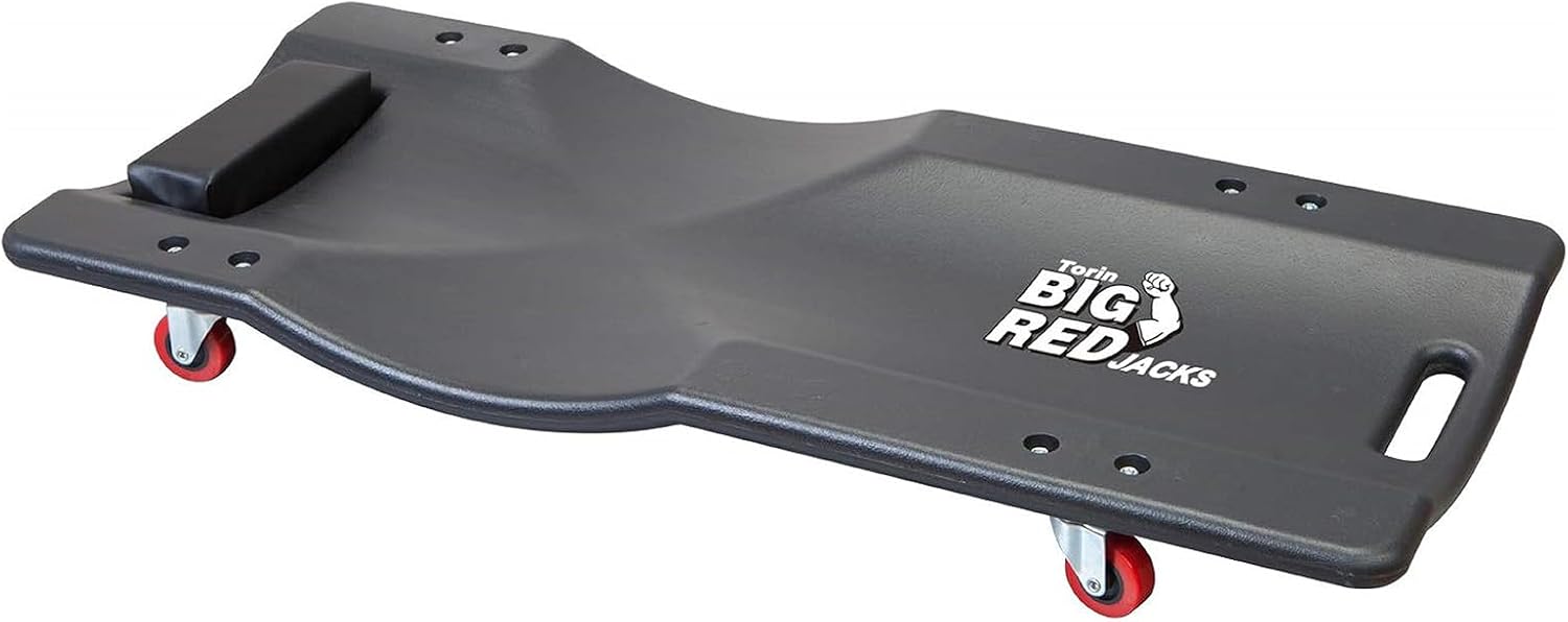 BIG RED TRP6240 Torin Blow Molded Plastic Rolling Garage/Shop Creeper: 40" Mechanic Cart with Padded Headrest, Dual Tool Trays and 6 Casters, Red