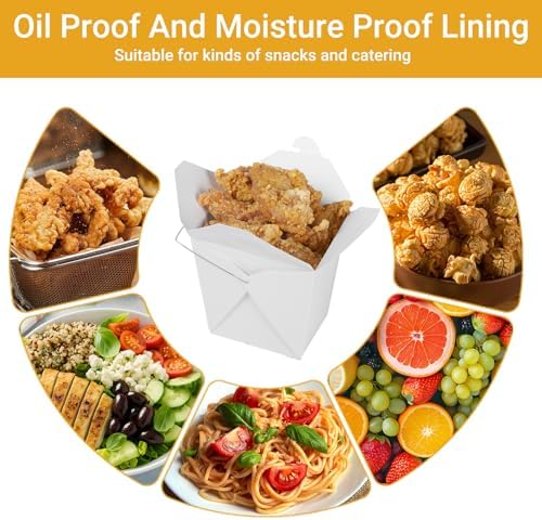 zmybcpack 50 Pack 32oz Chinese Take Out Food Boxes with Metal Wire Handle & Labels