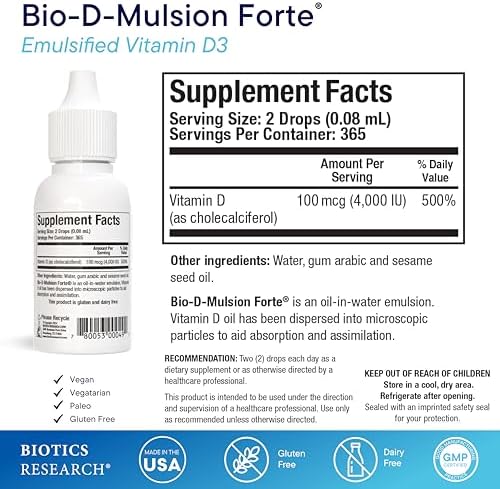 BIOTICS RESEARCH Bio-D-Mulsion Forte Liquid Vitamin D Drops 4000 IU – Vitamin D3 2000iu /Drop for Adults –Best Absorption, Strengthens Bones
