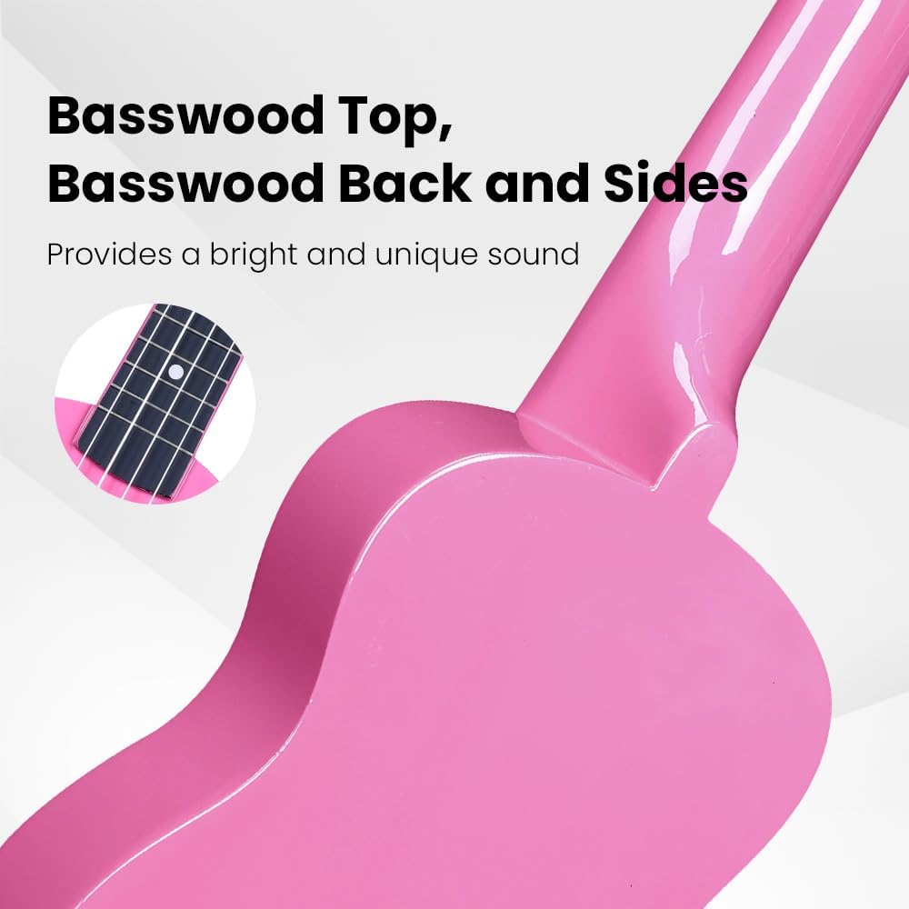 Winzz Soprano Ukulele Starter Kit For Beginners with Bag, Clip-On Tuner, Extra Strings, Strap, Plectrum, Fret Stickers, Chords Card, Polishing Cloth, Black
