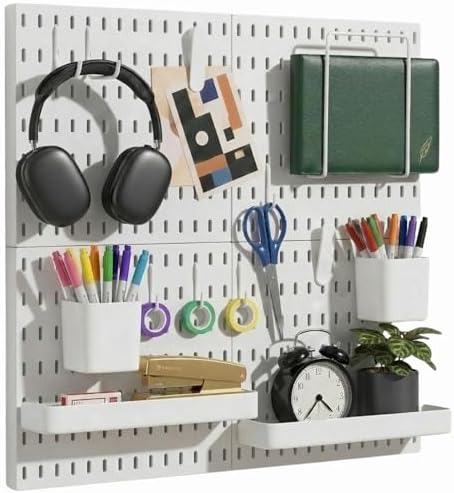 Keepo Peg Board Wall Organizer – Plastic Pegboard Panels, Modular Peg Board Storage System For Home Office, Craft Room, Gaming Setup (White
