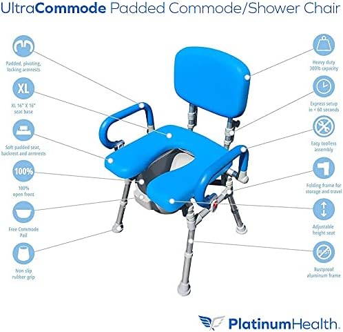 UltraCommode Shower Chair for Elderly and Disabled, Foldable Commode | Sit Securely While Bathing - Blue, padded seat, adjustable height