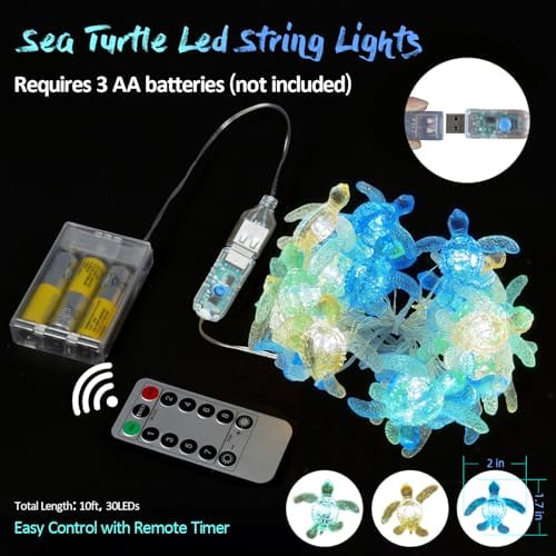 Beach Theme -Cute Green Sea Turtle String Lights- Ocean Fairy Decorative Lights- 10ft 30 LEDs -USB Powered -Multi-Function- Remote Control-Christmas