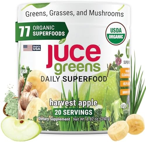 Juce Greens Organic Superfood Powder | 64 Superfoods | 20 Servings | Harvest Apple flavor | 6 adaptogenic mushrooms