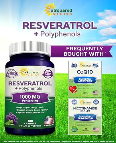 aSquared Nutrition Natural Resveratrol with Red Wine Extract - 180 Capsules - Trans Resveratrol Antioxidant Supplement Pills for Pure Heart Health
