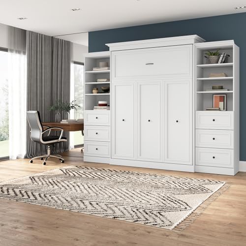 Bestar Versatile Queen Murphy Bed and 2 Closet Organizers with Drawers (115W) in White