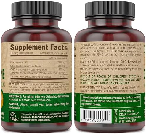 Deva Vegan Glucosamine MSM & CMO, Improved Formula Plus Hyaluronic Acid, CMO, Turmeric Extract, Boswellia Extract with Non Animal Ingredients, 90 Tablets