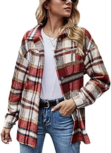 Yeokou Women's Plaid Flannel Shacket Oversized Button Down Long Sleeve Shirt Jacket Casual Spring Fall Outfits
