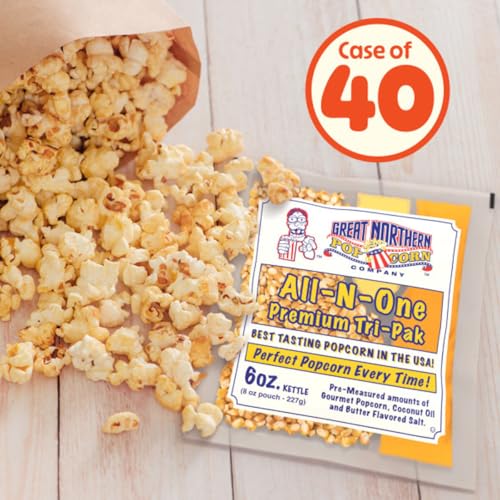 Movie Theater Style 40-Count Popcorn Packs - Pre-Measured 8-Ounce All-in-One Kernel, Salt, Oil Packets for Popping Machines by Great Northern Popcorn | All-in-One Pre-Measured Kernels, Butter Flavored Salt, and Coconut Oil Packets for 8oz Kettle - Movie…