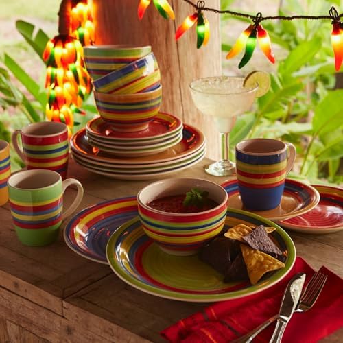 BrylaneHome 16 Piece Santa Fe Hand-Painted Striped Stoneware Dinnerware Set - Multi Stripe