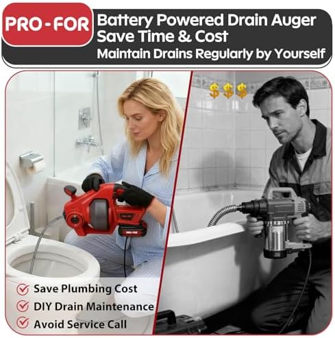 20V Cordless Electric Drain Auger, 25Ft Auto-Feed Drain Snake, Replaceable Cable, 2.0Ah Battery & Charger, LED Light, Clog Remover for Sink, Shower
