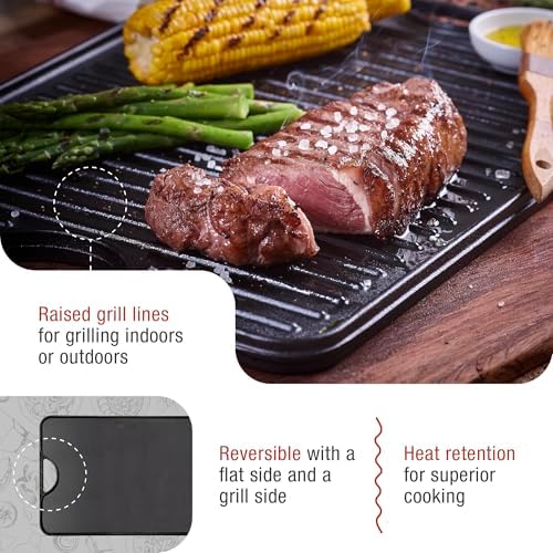 Victoria Rectangular Cast Iron Griddle. Double Burner Griddle, Reversible Grill, 13 x 8.5 Inch, Seasoned with 100% Kosher Certified Non-GMO Flaxseed Oil, Model: GDL-189