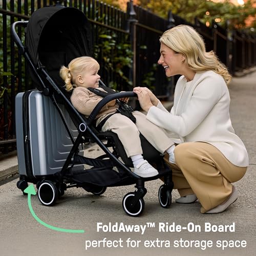 Ingenuity 3D Travelmate Pro Lightweight Travel Stroller with Fold-Away Ride-On Board for Toddlers, Airplane Overhead Bin Compatible, Car Seat Ready, One-Hand Fold