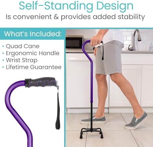 Vive Quad Cane - Walking Stick for Men and Women - Lightweight Adjustable Staff - Comfortable Right and Left Hand Grip for Stability Support - Four Prong Sturdy Aluminum Travel Aid - 4 Tip Blue | Senior 4 Prong Walking Stick for Stability & Balance- Righ…