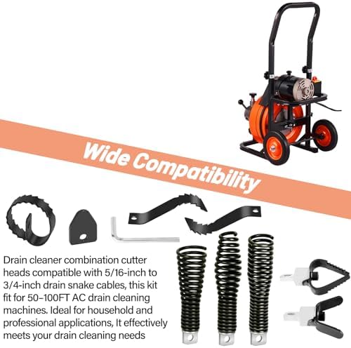 8Pcs Drain Snake Drill Attachment Cutter and Auger Kit Fit for 5/16-inch to 3/4-inch Drain Snake, Used in 50-100FT AC Drain Cleaning Machine