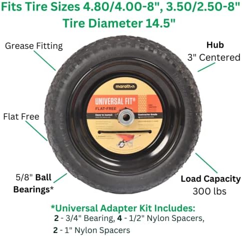 Universal Fit, Flat Free Wheelbarrow Tire and Wheel Assembly with Adapter Kit, black