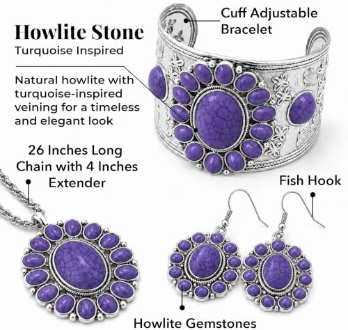 Shop LC Howlite Western Jewelry Set for Women Boho Cowgirl | 3-Piece Necklace Bracelet Earrings, Turquoise-Inspired, Chunky Statement, Southwestern