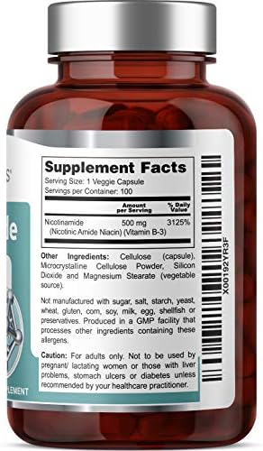 B-3 Nicotinamide 500 mg 100 Vcaps - Nicotinic Amide Niacin Natural Flush-Free Vitamin Formula - Supports Skin Cell Health