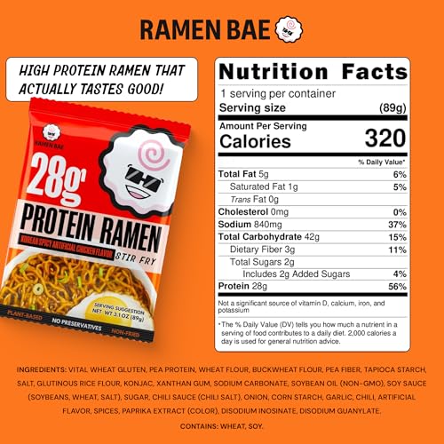 Ramen Bae Original Stir Fry Protein Noodles - 28g Protein, Garlic Soy | Air Dried Not Fried, Plant Based, Vegan Protein Noodles - Lower Carb & Fat - Savory & Bold with Hint of Spice (Pack of 6)