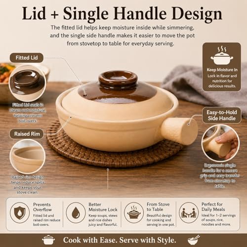 XICHENGSHIDAI Clay Pot for Cooking with Lid and Handle, 1 Qt / 1000ml Ceramic Claypot Rice Pot, Heat-Retaining Asian Casserole Stew Pot for Gas Stove