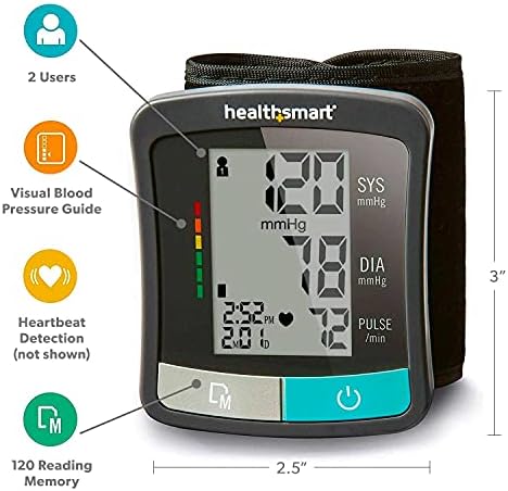 HealthSmart Digital Standard Wrist Blood Pressure Monitor with Automatic Adult Cuff That Displays Pulse Rate and Irregular Heartbeat Stores up to 60 Readings for 2 Users