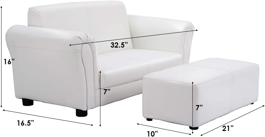Costzon Kids Couch with Footstool, 2 in 1 Double Seat Children's Sofa w/PU Leather Surface, Armrest Chair Lounge, Soft Kids Sofa for Preschool Bedroom Kids Room Toddlers Boys Girls Birthday (Black)
