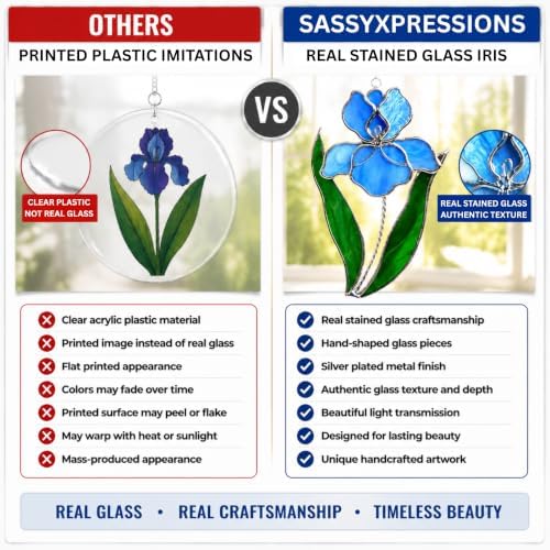 Blue Iris Stained Glass Suncatcher 7x4 Inch – Real Stained Glass Silver Plated Hanging Flower Ornament – Christian Symbol of Faith Wisdom Hope