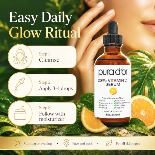 PURA D'OR 20% Vitamin C Anti-Aging Facial Serum, 4 fl oz | Smoother-Looking Texture, pH Balanced, Ferulic Booster, Antioxidant Support, Uneven Tone
