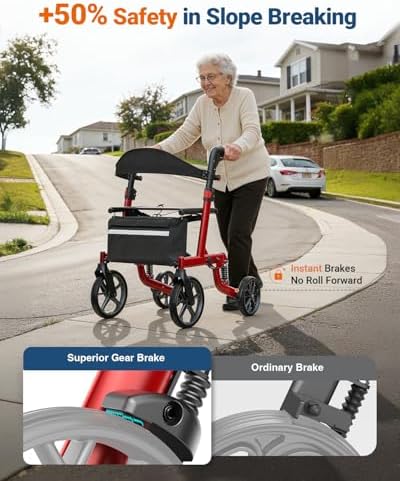 Foldable Rollator Walkers with Seat for Seniors, All Terrain Outdoor（Red | Patented Shock-Absorbing,Tool-Free Adjustment,350 lbs Capacity, 10″ Solid Wheels,16.3lbs Lightweight, Fit 61"-74" Tall User