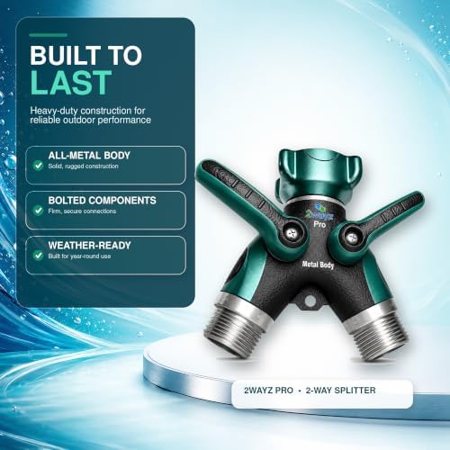 Hose Splitter 2 Way Heavy Duty Outdoor Faucet and Garden Connector - Water Spigot Splitter - Durable All-Metal Y Adapter with Shut-Off Valve - 4 x 4 x 1.5 Inches