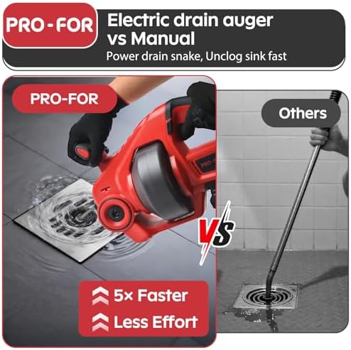 20V Cordless Electric Drain Auger, 25Ft Auto-Feed Drain Snake, Replaceable Cable, 2.0Ah Battery & Charger, LED Light, Clog Remover for Sink, Shower