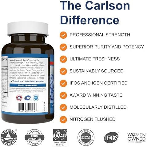 Carlson Super Omega-3 Gems, 1200 mg, Omega-3s, 50 Softgels | with EPA and DHA; Wild Caught Norwegian Fish Oil Supplement; Sustainably Sourced Fish Oil Capsules; Omega 3 Supplements
