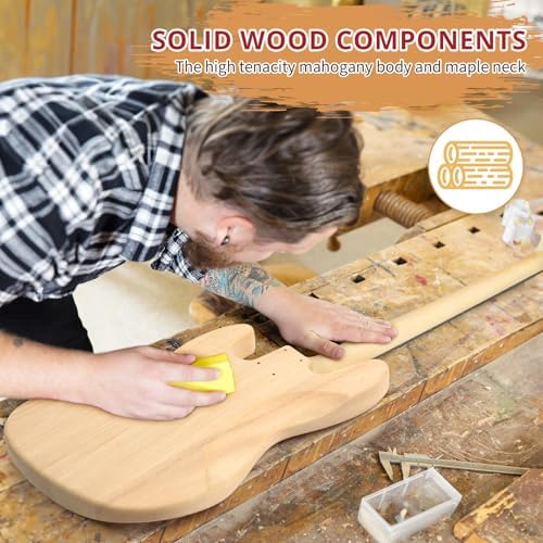 Ktaxon DIY Electric Guitar Kit, 44Inch DIY Bass Guitar Kit (KIB) | Mahogany Body, Solid Wood Fingerboard and Maple Neck, Easy Installation & All Accessories Included to Build Your Own Guitar